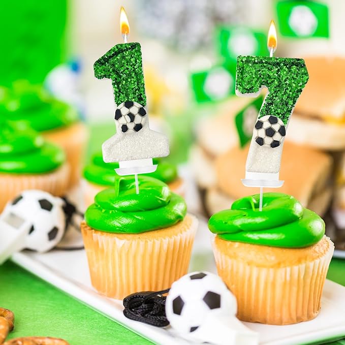 Birthday Candles,Soccer Birthday Decorations,Soccer Cake Topper,for Girl and boy Cake Toppers, Wedding Cakes, Anniversaries, Party Celebrations, Birthday Decorations (Green White, Number 7)