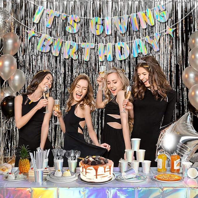 Iridescent It's Giving Birthday Banner, Pre-Strung Fun Birthday Decorations supplies, Cute Party Sign for 21st & Sweet 16 Celebrations & Photobooth Backdrop