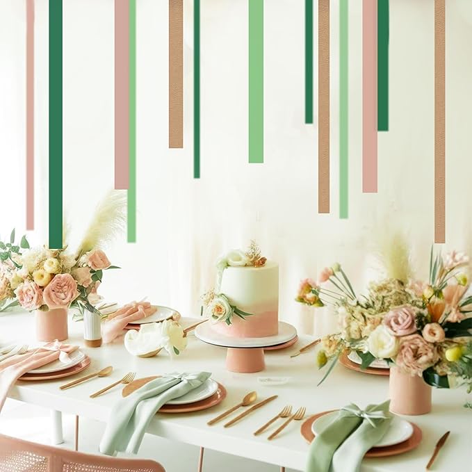 8 Rolls Crepe Paper Streamers, Rose Gold and Green Streamers Party Decorations for Birthday Baby Shower Wedding Bachelorette Party Bridal Shower Engagement Woodland Safari Spring