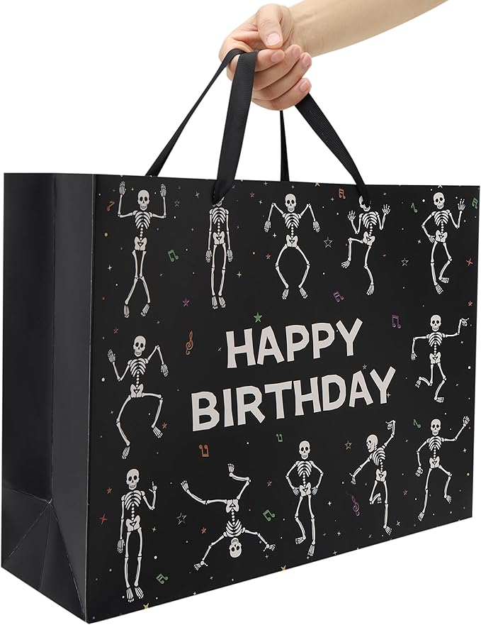 wishinside 16.5'' Extra Large Black Birthday Gift Bag Set with Handles, Greeting Card, Tissue Papers and Stickers for Men Boys Kids Teens for Birthday Party, 1 Pcs