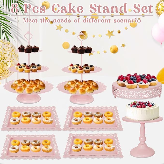 Fivenl 8 Pcs Cake Stand Pink Metal Dessert Table Display Set, 3-Tier Cupcake Stand, Cake Display Tower and Cookie Tray Rack Serving Tray for Birthday Party, Weddings, Baby Shower (Pink)