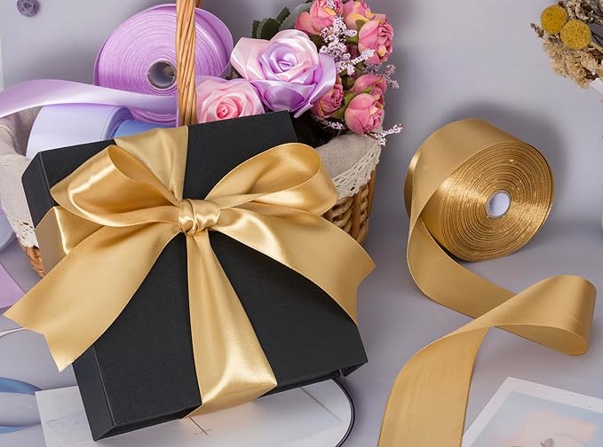 YASEO 2 Inch Champaign Gold Solid Satin Ribbon, 50 Yards Craft Fabric Ribbon for Gift Wrapping Floral Bouquets Wedding Party Decoration