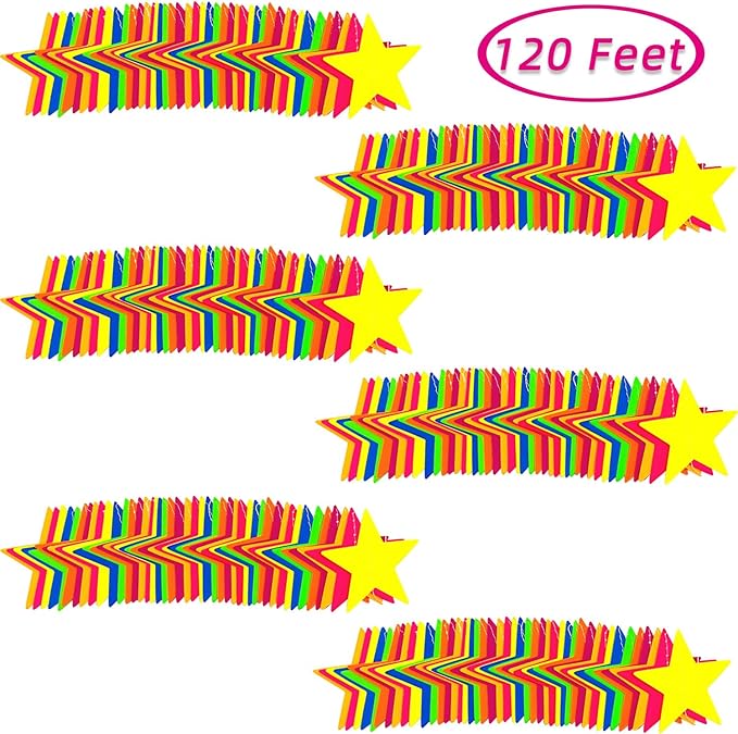 120feet UV Neon Star Garland Hanging Paper Streamers Glow in The Dark Black Light Glow Party Supplies and Decorations Glow in The Dark Garlands Blacklight Reactive Fluorescent Party Kit for Birthday