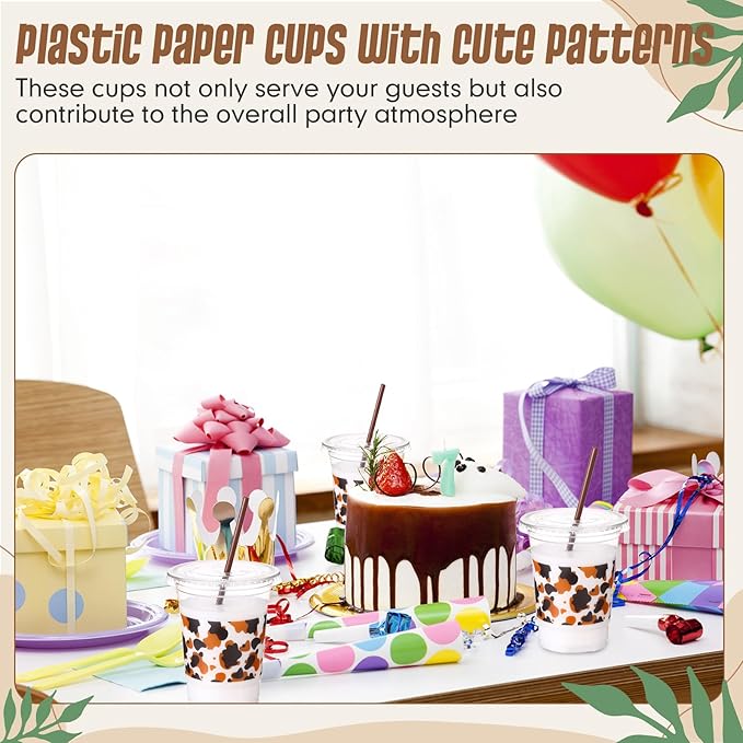 Yungyan 50 Sets Cow Cups with Lids and Straws 16 oz Western Plastic Cups for Coffee Juice Drinking for Cow Western Rodeo Birthday Baby Shower Party Decoration Supplies