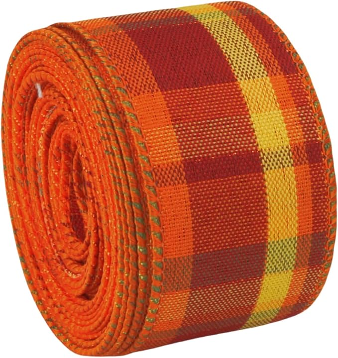 Meseey 1.5 Inch x 10 Yards Orange Red Yellow Plaid Wired Ribbon, Fall Harvest Wired Edge Ribbon for Wreaths, Bows, Gift Wrapping, Thanksgiving & Halloween Decor(Burgundy/Yellow)