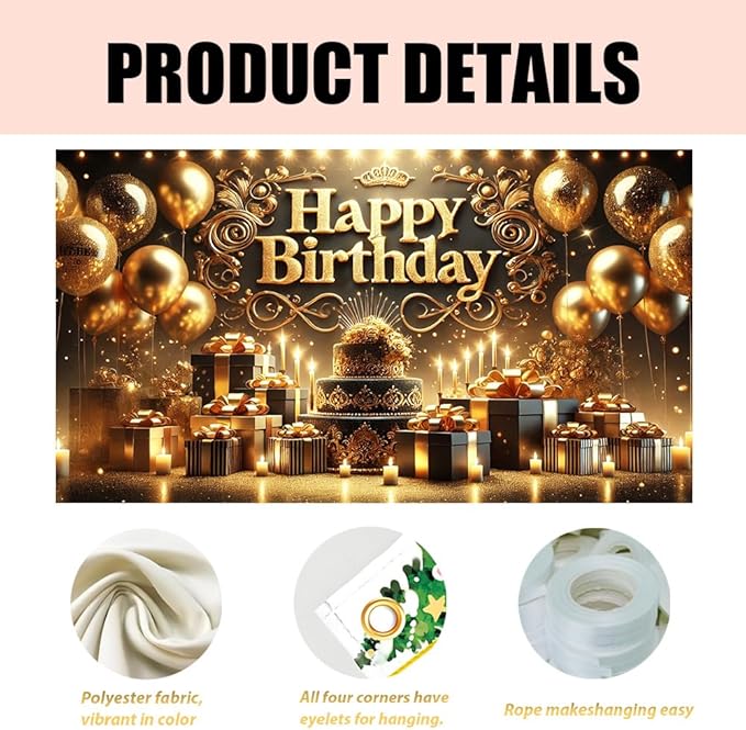 Happy Birthday Party Banner, Festive Balloons and Lights Design, 71x43in Party Decorations for Birthday Event, Party Backdrop, Home Decor