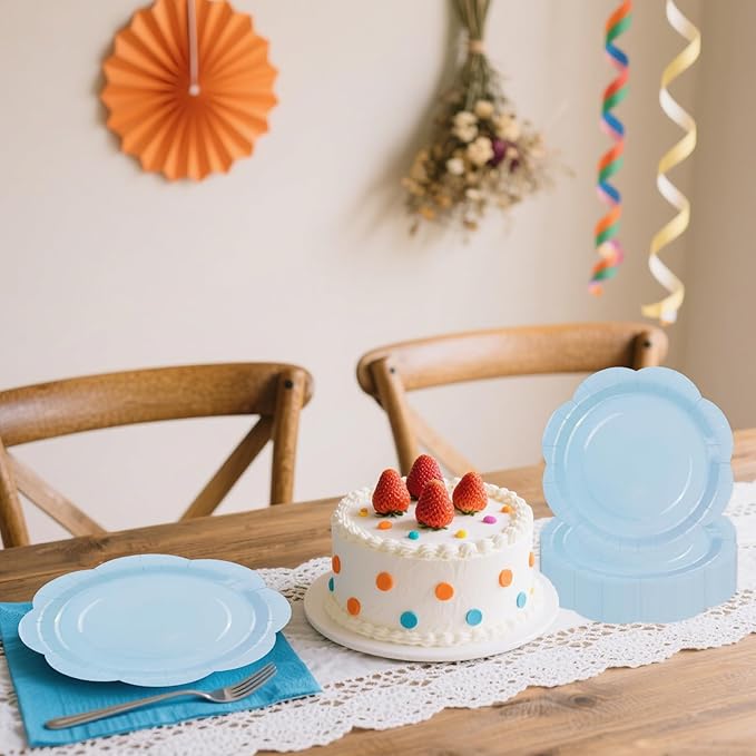 50 Pack Blue Paper Plates 7 Inch, Disposable Scalloped Plates Cake Dessert Plate for Dinner Baby Shower Wedding Bridal Shower Birthday Party Supplies (Blue, 7 inch)
