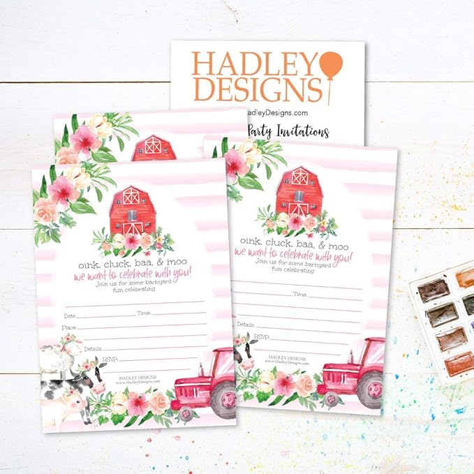 Hadley Designs Kids Birthday Invitations For Boys and Girls Barnyard Theme - 25 Farm Animals Birthday Party Invitations For Boys, Tractor Barn Invites For Girls, Cute Ranch Party Supplies, Made In USA