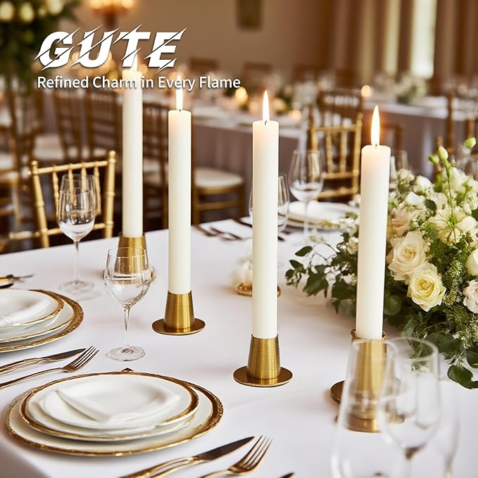 Gold Taper Candle Holders Set of 4 - Brushed Gold Candlestick Holders, Round Tapered Candlestick Holders for Home Decoration, Wedding, Anniversary, Party | Housewarming Gifts Candle Holders