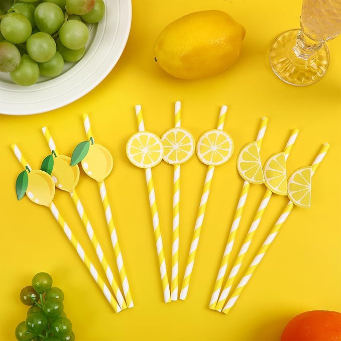 JANYUN 60 Pieces Lemon Paper Straws, 3 Styles of Lemon Decor Paper Drinking Straws for Party Decorations