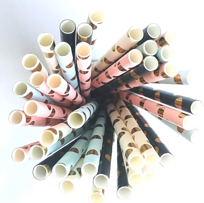 100 pcs Mixed Colorful Party Paper Straws, Colored Black Light Pink Blue White Gold Foil Polka Dot Drinking Straws Bulk, Disposable Craft Holiday Birthday Wedding Cake Pop Sticks (Metallic Dot)