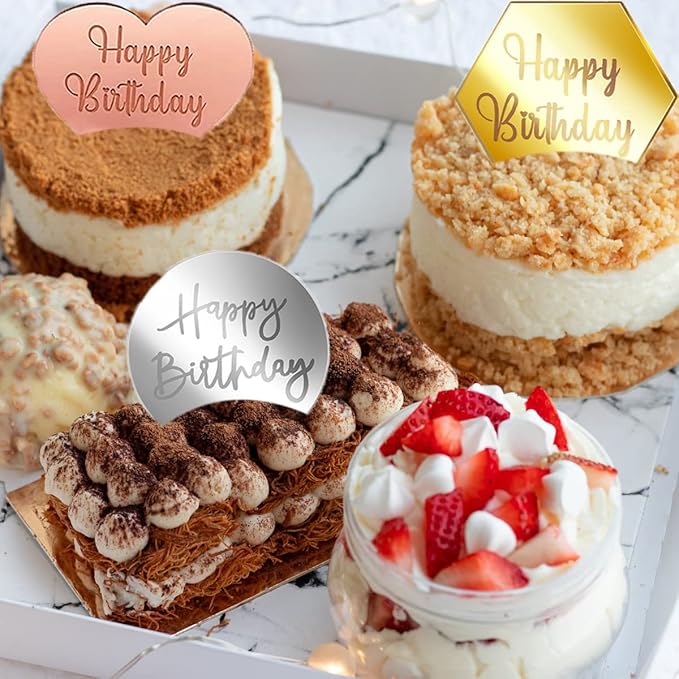 30 PCS Happy Birthday Cake Disc Mini Acrylic Cake Toppers, Mirror Acrylic Cupcake Toppers DIY Heart Round Hexagon Shape Engraved Cake Topper Charms Cake Cupcake Decorations for Birthday Party Decor