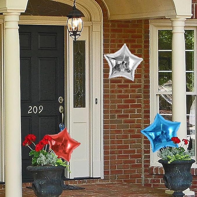 TONIFUL 24Pcs 18 Inch Red Blue Silver Star Balloons 4th of July Patriotic Star Shape Foil Balloon for Patriotic Party Supplies Independence Day Labor Day Birthday Party Decoration