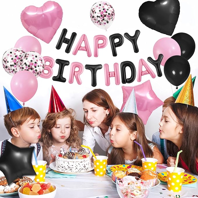 CANREVEL Happy Birthday Balloons Banner 16 Inch Mylar Foil Letters with Star & Heart Balloons Birthday Party Decorations for Men and Women - 30 Pcs Black Pink