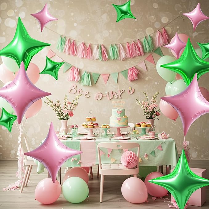 TONIFUL 30Pcs 26In&10In Star Balloons Green Light Pink Four Pointed Foil Mini Star Mylar Balloons for Birthday Wedding Baby Shower Anniversary Engagement Party Decor Supplies