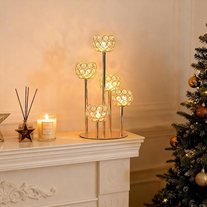5-Arm Crystal Tealight Candelabra Centerpiece, 14.8 Inch Metal Candle Holder for Table Decor, Wedding, Christmas, Party, Anniversary & Home Decoration (2, Gold, S-14.8 in)