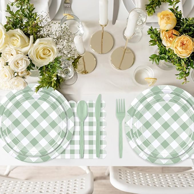 175 Pcs Sage Gingham Party Supplies for 25 Guests, Sage and White Checkered Paper Plates, Cups and Napkins Sets for Baby & Bridal Shower, Wedding, Birthday Party, Outdoor Picnic
