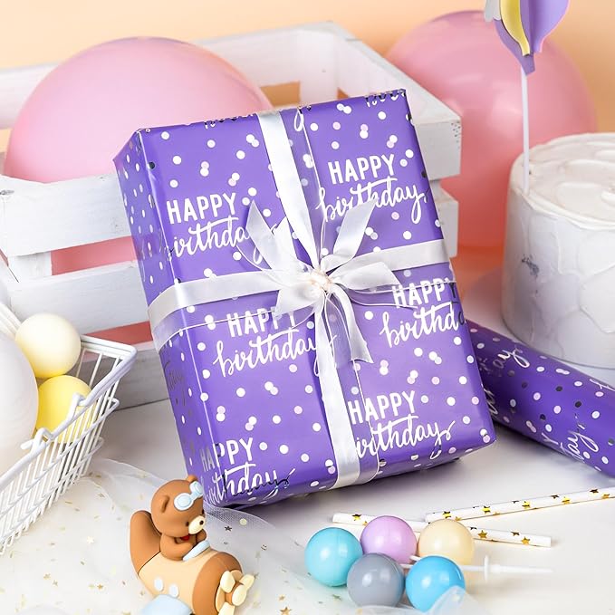 MAYPLUSS Birthday Wrapping Paper Roll - 17 Inch X 16.5 Feet - Purple Glitter Happy Birthday Lettering Metallic Foil Paper Girl Gift Wrap w/Polka Dot for Party
