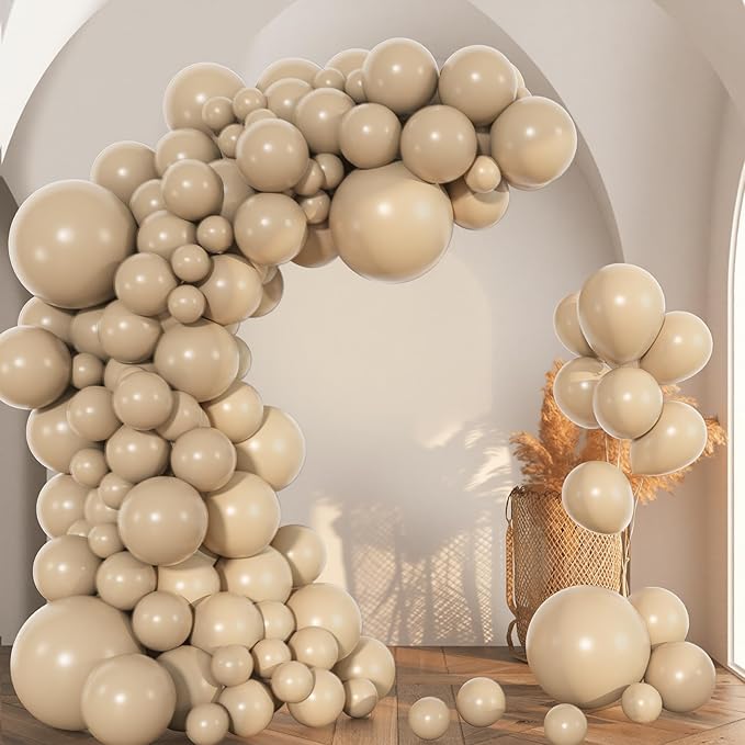 Amandir 153pcs Light Brown Balloons Arch Garland Kit Different Sizes 18 12 10 5 Inch Cream Beige Ivory Nude Neutral Boho Tan Balloon for Birthday Wedding Anniversary Gender Reveal Party Decorations