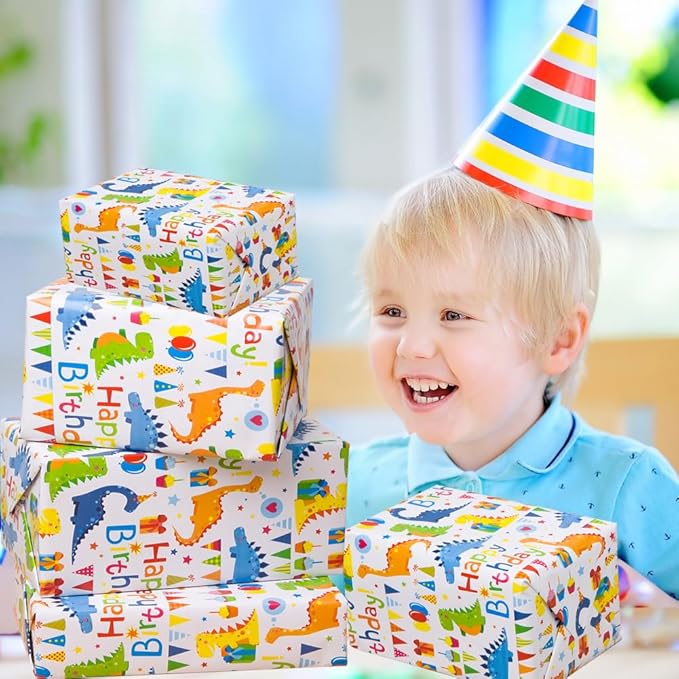Viadom Birthday Wrapping Paper,Gift Wrapping Paper Roll,Dinosaur Wrapping Paper-17 inch X 50 Feet Per roll,Colorful Happy Birthday Pattern For Boys Girls, Perfect For Birthdays Party, Baby Shower