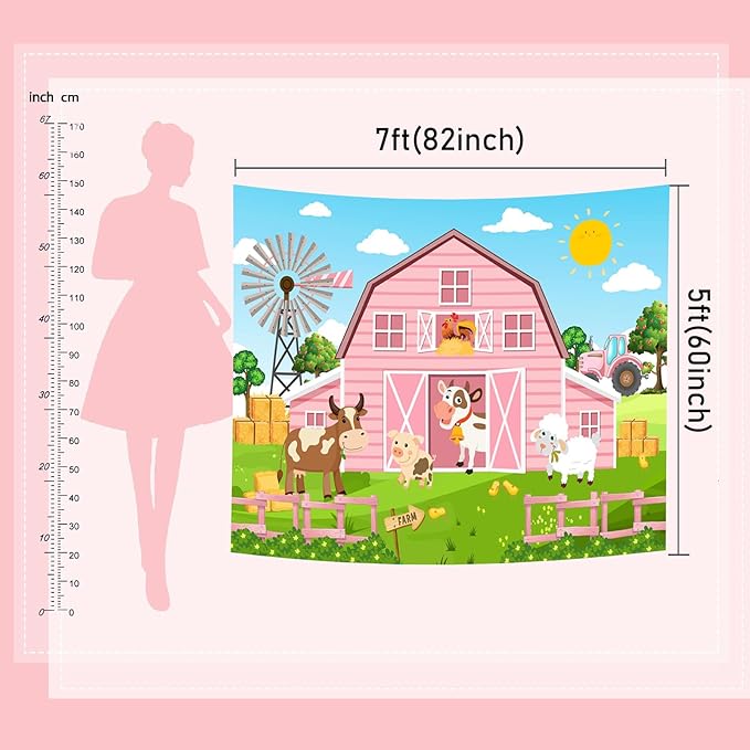 Mocsicka Pink Farm Barn Backdrop Large Cartoon Farm Animals Birthday Paty Decorations for Girls Farm Theme Birthday Cake Table Banner Photography Background (Pink, 10x8ft(120"x96"))