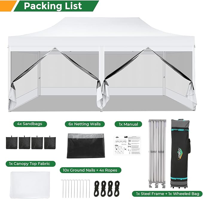 COBIZI 10x20 Heavy Duty Pop Up Canopy Tent with 6 Sidewalls, Easy Set Up Outdoor Waterproof Screen Commercial Party Tent with Mosquito Netting for Parties Backyard Patio, Roller Bag, White