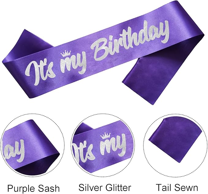 It's My Birthday Sash Purple with Glitter Silver Letters Happy Birthday Sash for Women Girl Bday Gift Ideas Party Favors