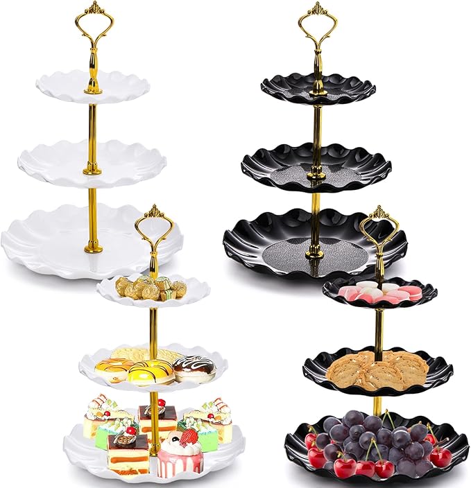 DEAYOU 4 Pack 3 Tier Cupcake Dessert Stand, Plastic Tiered Cake Stand Display Tower, Pastry Serving Tray Platter Rack Holder for Buffet, Cookie, Party, Wedding, Home Decor, White Gold, Black Gold