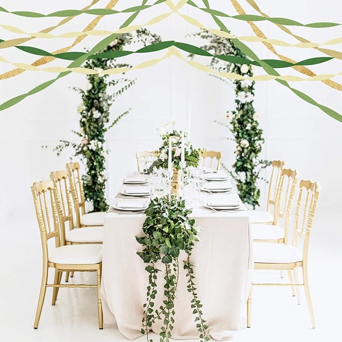 Birthday Party Decorations, Green Gold Crepe Paper Streamers Party Decorations(5 Rolls) for Camp Bachelorette, Baby Shower, Bridal Shower, Engagement- Wild Jungle Woodland Safari Forest Theme Decor