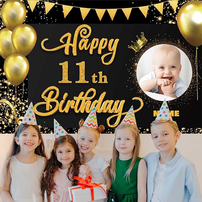 Custom Happy 11th Birthday Decorations Banner -11 Years Old Birthday Decorations Backdrop for Women Men Boys Girls - Personalization Happy 11th Birthday Party Decorations Supplies - Black and Gold