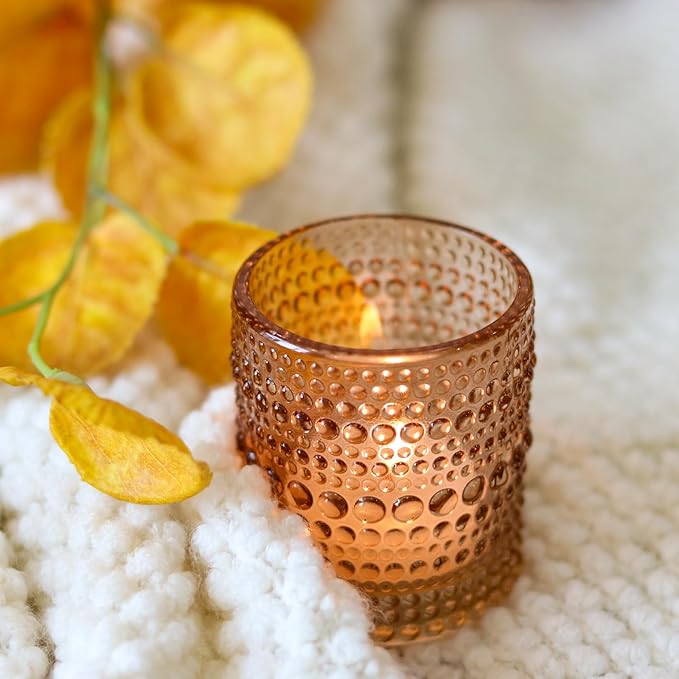 WDHODEC Brown Green Glass Tealight Candle Holders Set of 24 - Hobnail Vintage Votive Holders for Fall, Winter Wedding, Christmas Table Centerpiece Decor