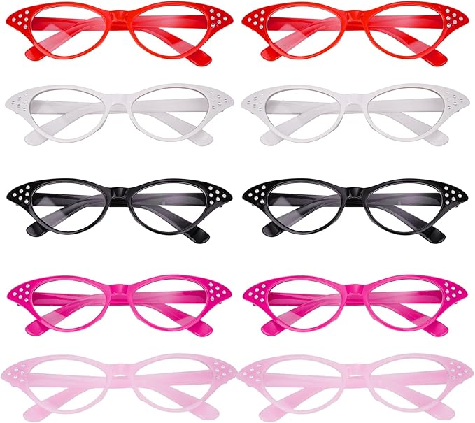 10PCS Cat Eye Glasses with Rhinestones 50s 60s Retro Old Lady Glasses Party Costume Glass for Cossplay Dress Up Party Favor