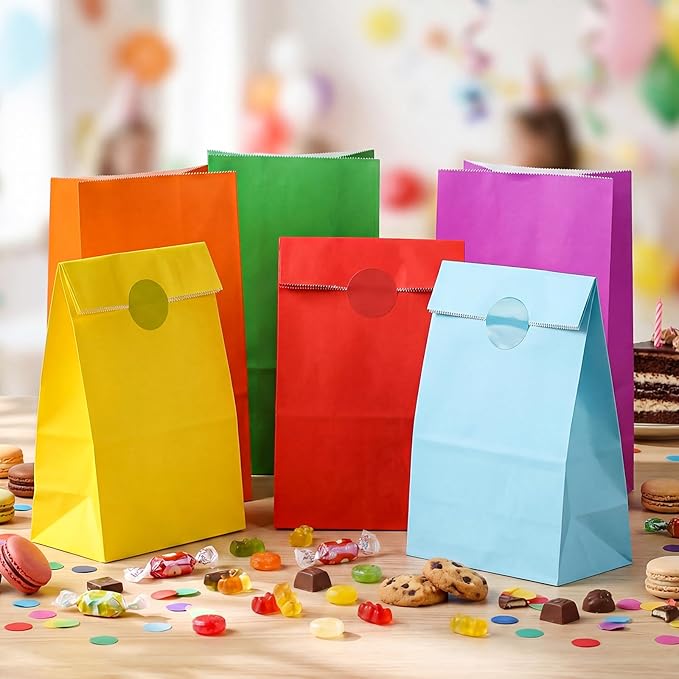 Nezyo 60 Pcs Pastel Gingham Paper Gift Bags with Stickers for Party 5.1 x 3.1 x 9.4 Inches Colorful Rainbow Paper Candy Bag for Party Favor Wedding Birthday Candy Snack DIY Goodie Treat (Rainbow Color)