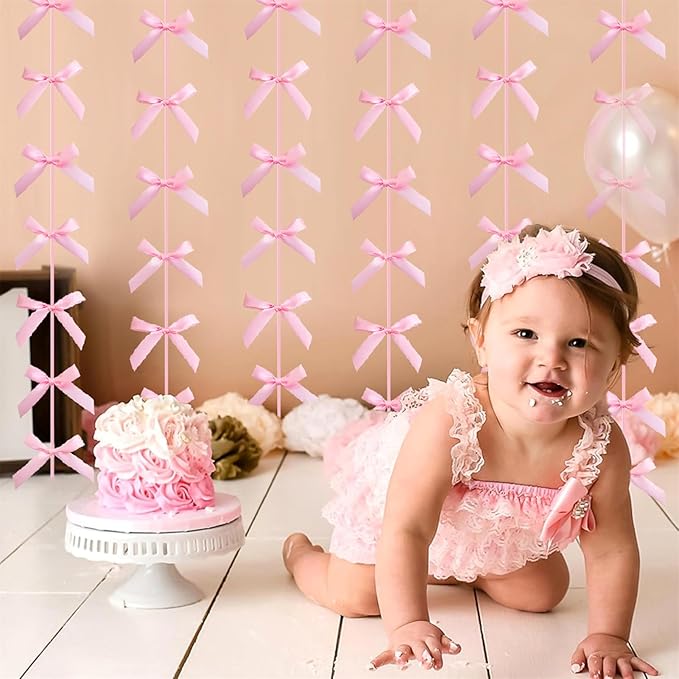 Pink Ribbon Bow Hanging Garland for Baby Shower Pink Bow Party Decorations Girls Bow Birthday Decoration Tying The Knot Bridal Shower Party Room Décor 6pcs