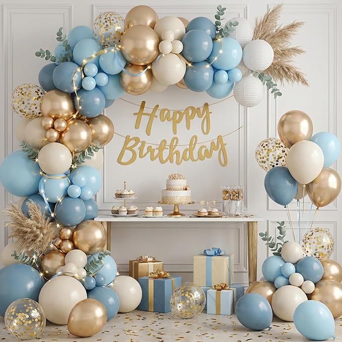 RUBFAC Dusty Blue and Gold Balloons, 65pcs 12 Inches Champagne Gold Metallic Fog Baby Blue Balloon for Baby Boy Shower Bridal Birthday Wedding Party Decorations