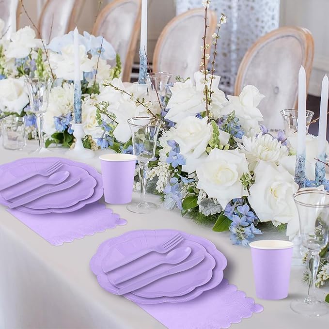 NatNarr 350 Pcs Light Purple Party Supplies Include Scalloped 9" Lavender Plates 7" Cake Plate Napkins Cups Forks Knives Serve 50 Guest Party Tableware for Wedding Baby Shower Birthday Party