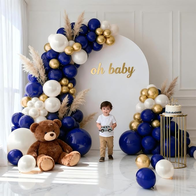 Navy Blue Gold Balloons Arch Kit, Double Stuffed Pearl White Blue Gold Chrome Balloons Garland Kit for Birthday Graduation Father's Day New Year Bridal Shower Wedding Party Decoration