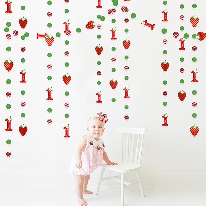 pinkblume Strawberry 1st Birthday Party Decorations Sweet Strawberry Fruit Theme Circle Dot Garland One Berry First Birthday Polka Dots Streamer for Girl Happy 1st Year Decorations Supplies