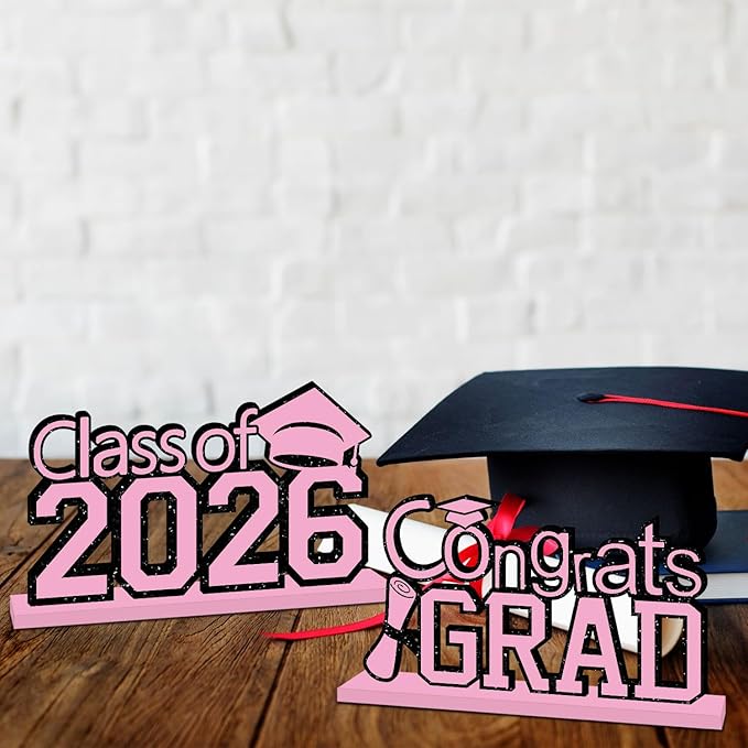 4Pcs Pink Graduation Decorations 2026, Wooden Table Centerpieces Class of 2026 Table Toppers Congrats Grad Tiered Tray Decor for Graduation Centerpieces for Table