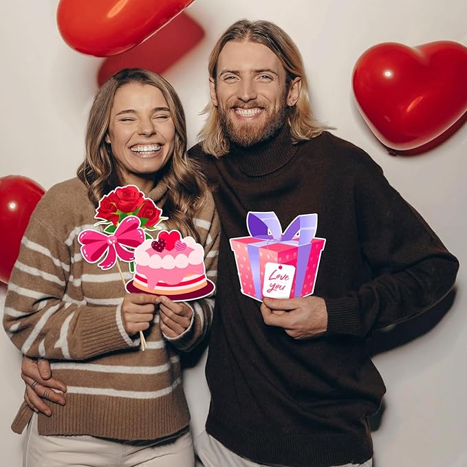 Happy Valentine's Day Photo Booth Props Kit, 24 PCS Selfie Photo Booth Accessories with “Happy Valentine’s Day” Signs, Cute Heart Themed Party Decorations for Valentine’s Party Favors(Red)