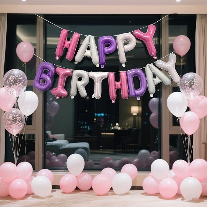 Pink Purple Happy Birthday Balloon Banner Set -16 Inch Foil Letters Balloons, Reusable Birthday Decorations and Party Supplies, Suitable for Men and Women's Birthday Decorations,Party Backdrop