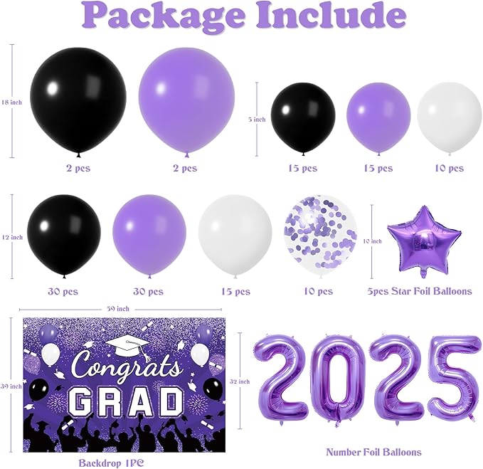 Graduation Decorations Class Of 2026: Purple and Black 2026 Graduation Balloons Arch Kit Congrats Grad Backdrop 136PCS Party Supplies for High School & College Celebrations