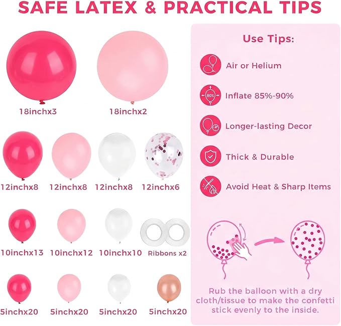 LovesTown 150 PCS Pink Rose Gold White Balloons Different Size of 18 12 10 5 Inch, Pink Confetti Balloons with Ribbons for Confession Proposal Wedding Girls Birthday Baby Shower Party Decorations