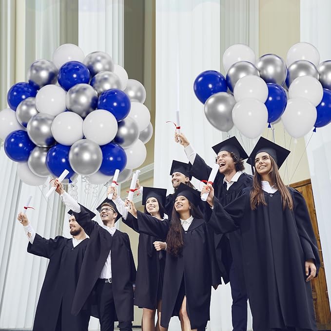 60pcs Blue White Silver Balloons, 12 Inch Royal Blue Metallic Silver Balloons for Class of 2026 Graduation Birthday Wedding Father’s Day Party Decorations