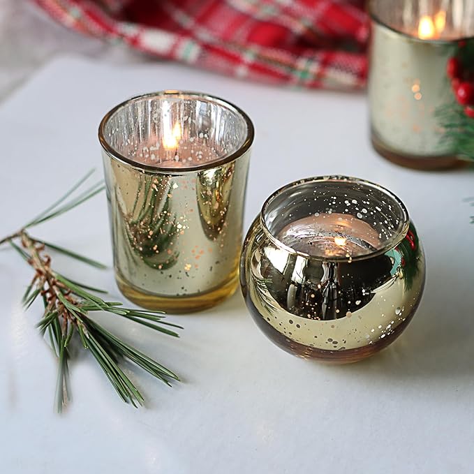 48pcs Assorted Gold Votive Candle Holders Bulk for Table Centerpieces,Mercury Glass Candle Holder for Tea Lights,Wedding Decorations, Christmas/Diwali Decorations for Home,Gold Party Supplies