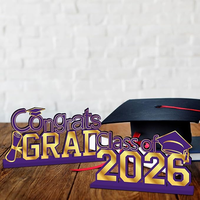 4Pcs Purple and Gold Graduation Decorations 2026 Congrats Grad Wooden Table Centerpieces Class of 2026 Table Sign Decorations for Graduation Centerpieces