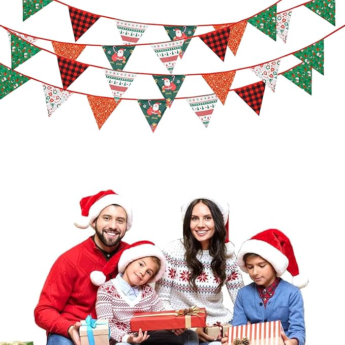 Zwiebeco 32Ft Red Green Christmas Pennant Banner Triangle Flags Fabric Bunting Garland Red-Black Plaid Checkered Cotton Flag for Xmas Birthday Wedding Christmas New Year Party Home Garden Decorations