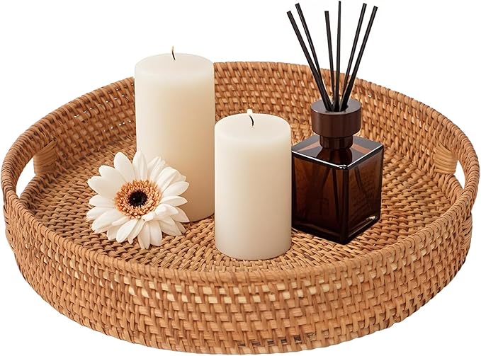 Round Rattan Serving Tray, Natural Wicker Decorative Tray for Serving, Fruit/Bread Serving Basket, Round Woven Tray with Handles.(Large:14inch)