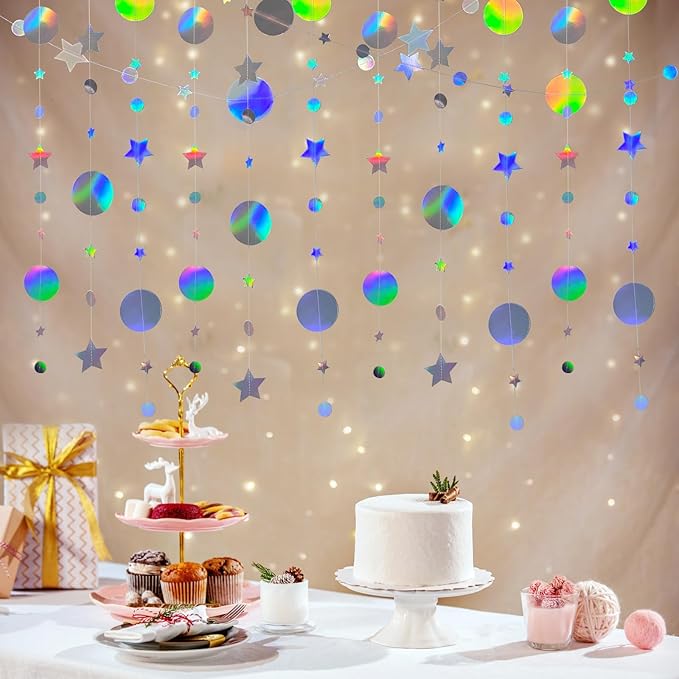 Valentine's Day Decoration Star and Circle Hanging Garland, 65 feet Party Decorations Stars Banner Streamer Backdrop for Birthday Baby Shower Starry Night Theme Party Supplies (Rainbow Silver)