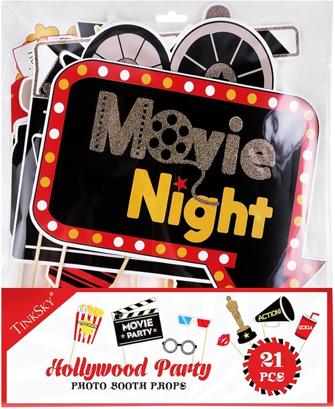 21Pcs Photo Booth Props for Movie Night Themed Party Supplies Photobooth Kit for Birthday, Wedding, Graduation, Bachelorette Party Decorations